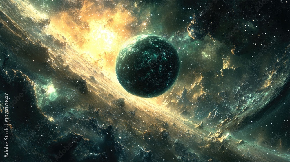 Poster science fiction wallpaper featuring a 3d cartoon rendering of a beautiful alien planet in deep space
