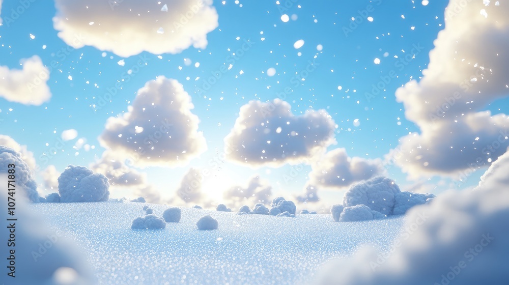 Poster 3d cartoon rendering showcasing a bright blue sky with light clouds and snowfall