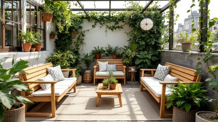 Obraz premium Cozy Seating Area Surrounded by Lush Greenery on Rooftop Garden
