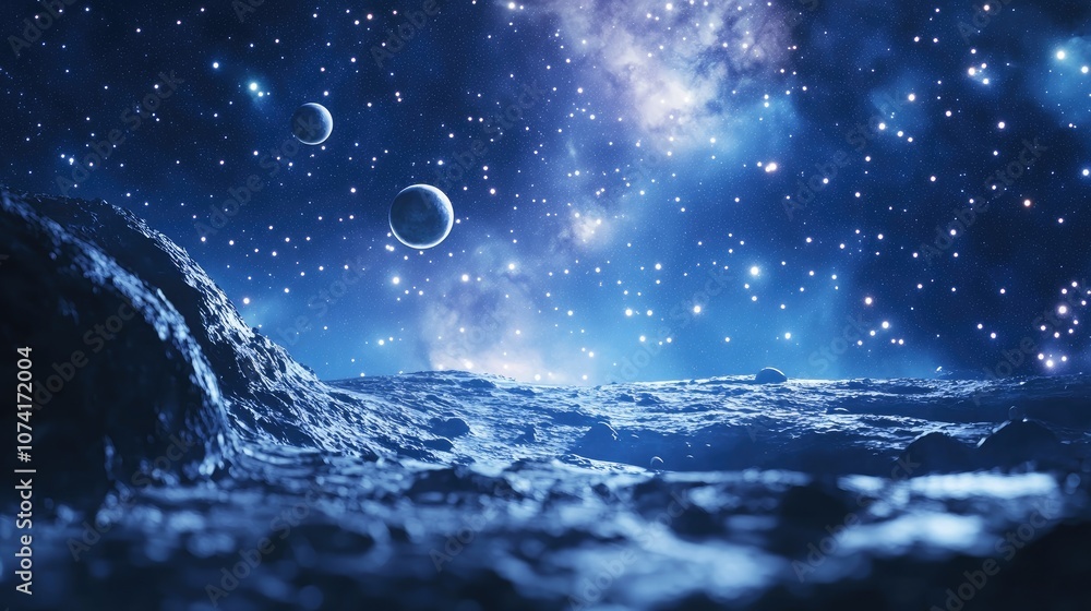 Poster 2d illustration featuring a 3d cartoon rendering of bright stars planets and moons in a deep vast sp