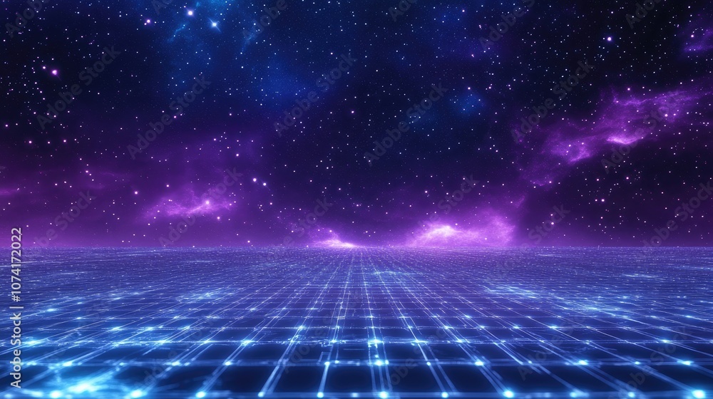 Aufkleber Abstract purple blue starry background featuring a white cyberspace grid and a high tech network in a 3D cartoon rendering Deep space and outer space texture are highlighted in this universe theme