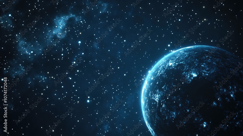 Poster stars of a planet and galaxy in a free space depicted in 3d cartoon rendering