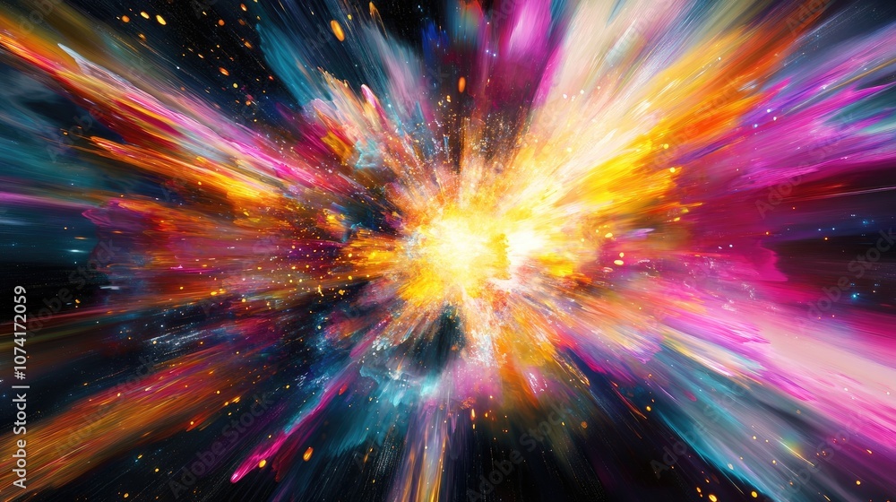 Poster colorful abstract radiant flash in a 3d cartoon rendering depicting an explosion and hyper accelerat