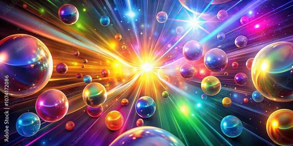 Poster vibrant abstract background featuring glowing spheres and luminous rays for a dynamic and energetic 