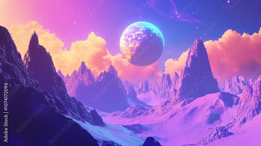 Poster Alien planet landscape in a 3D cartoon rendering featuring a science fiction illustration and a stunning view from a beautiful planet against a captivating space background