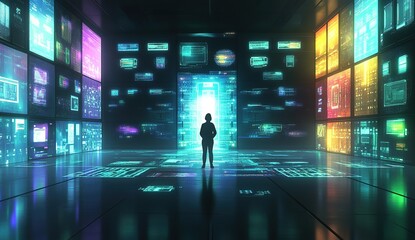 A lone figure stands in a futuristic room surrounded by glowing screens, facing a bright doorway.