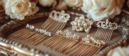 A collection of  gold hair combs adorned with pearls and rhinestones, displayed on a silver tray, surrounded by white roses.