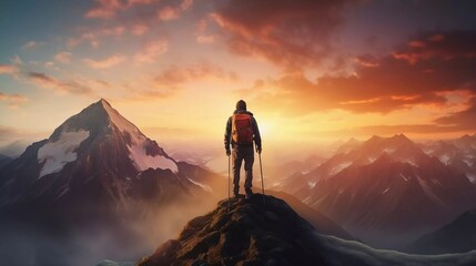 Fototapeta premium A lone hiker stands atop a mountain peak, gazing at a stunning sunset over the vast landscape.