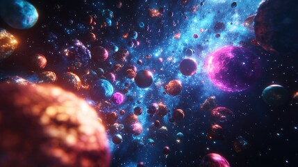 Fototapeta premium 2D illustration in a cartoon drawing style featuring a 3D rendering of deep interstellar space Includes stars planets moons and a variety of imaginative science fiction backdrops