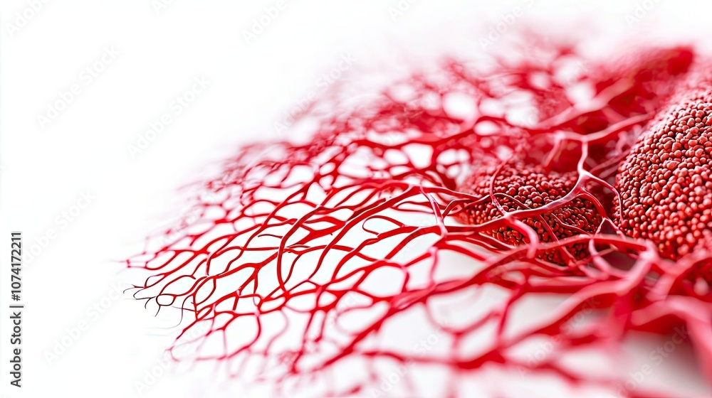 Poster red organic structure with intricate patterns, white isolated background.