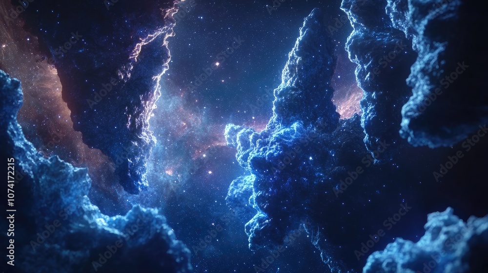Poster Nebula and cluster of stars in deep space depicted in 3D cartoon rendering Science fiction art