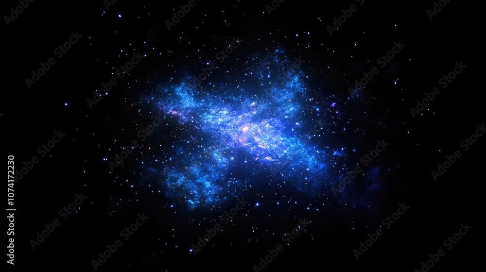 Poster bright galaxy in a 3d cartoon rendering featuring abstract blue and purple sparkles against a black 