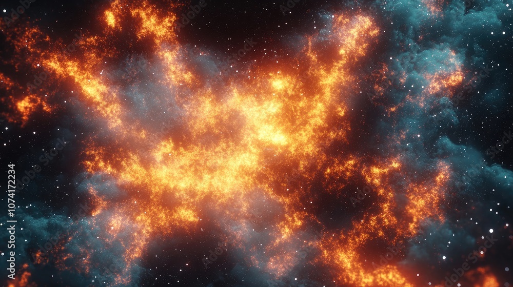 Aufkleber Fiery explosion in space depicted in 3D cartoon rendering Abstract illustration of the universe