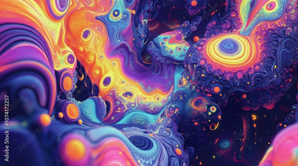 Poster multicolor hippy vintage in a 3d cartoon rendering featuring a multicolored psychedelic pattern fluo