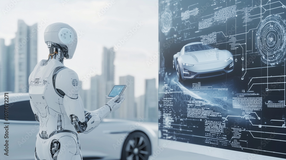 Aufkleber robot designing future car: futuristic white robot uses digital tablet to design a sleek white car d