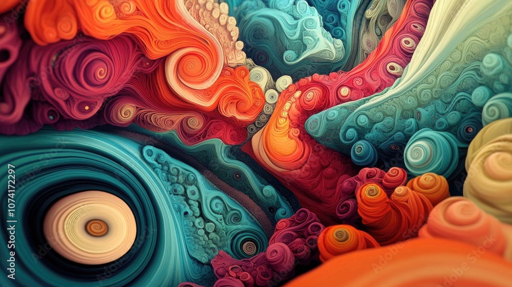 Poster Psychedelic swirls in a vibrant 3D cartoon rendering Nature dyeing with bright colors Vivid fabric texture reminiscent of 50 s wallpaper and spiral patterns