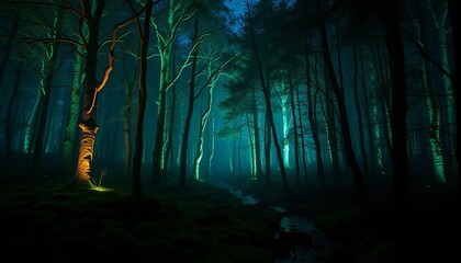 Fototapeta premium Bioluminescent Trees in a Twilight Forest with Glowing Stream