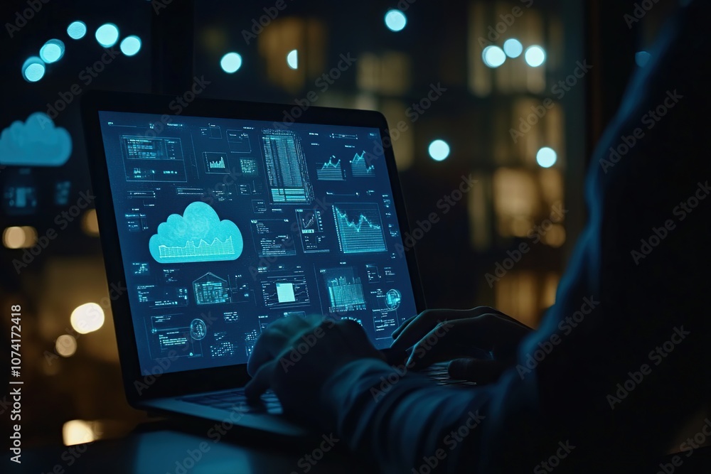 Poster a person works on a laptop at night with a cloud icon displayed on the screen and various charts and