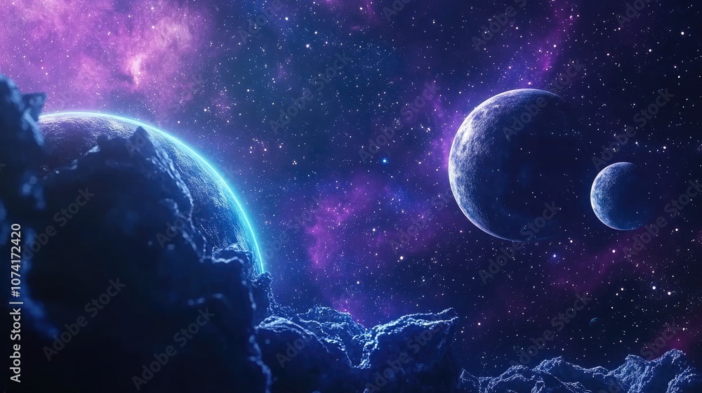 Poster 2D illustration featuring a 3D cartoon rendering Background of a realistic star pattern Deep interstellar space with stars planets and moons Various imaginative science fiction backdrops Space art