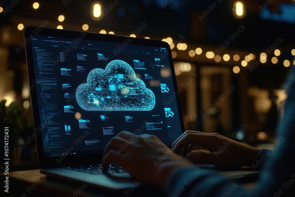 Poster person working on a laptop with a cloud computing icon displayed on the screen.