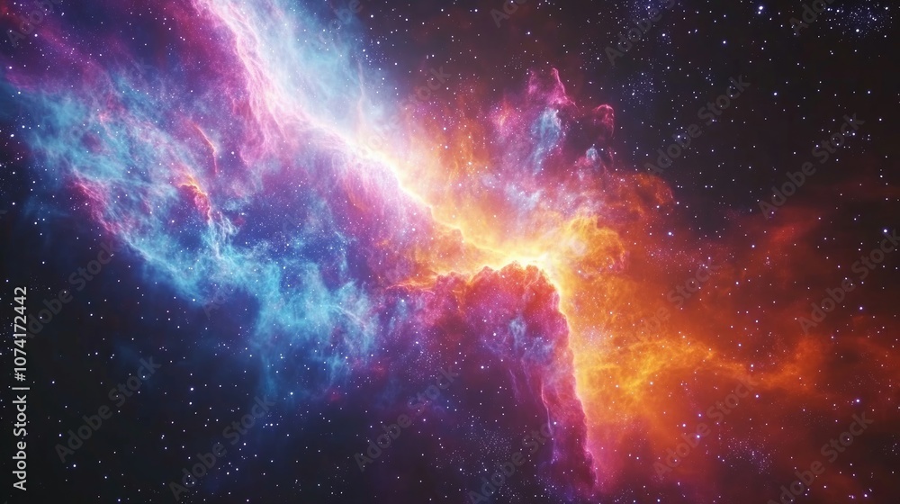 Poster Colorful space background with stars featuring a nebula gas cloud in deep outer space 3D cartoon rendering in a science fiction illustration