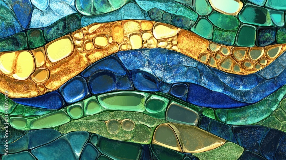 Poster artistic abstract glass textured background in blue green and gold colors depicted in a 3d cartoon r