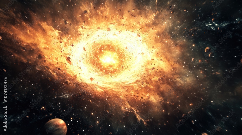 Poster Abstract space background in a 3D cartoon rendering science fiction wallpaper featuring a fantastic galaxy with an explosion of stars and planets in a distant solar system