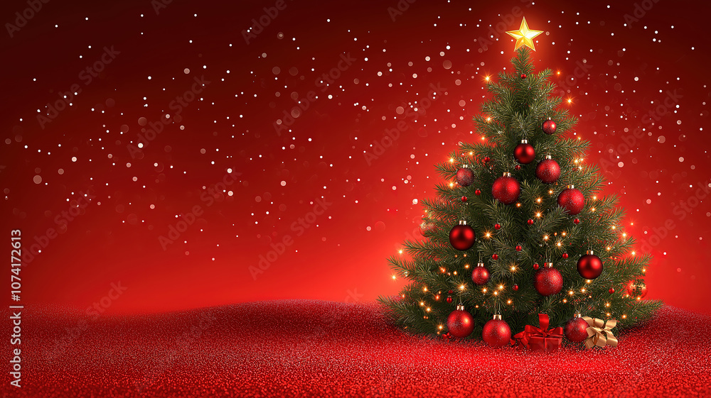 Poster ornaments and glowing bokeh lights on christmas tree, creating a joyful red backdrop