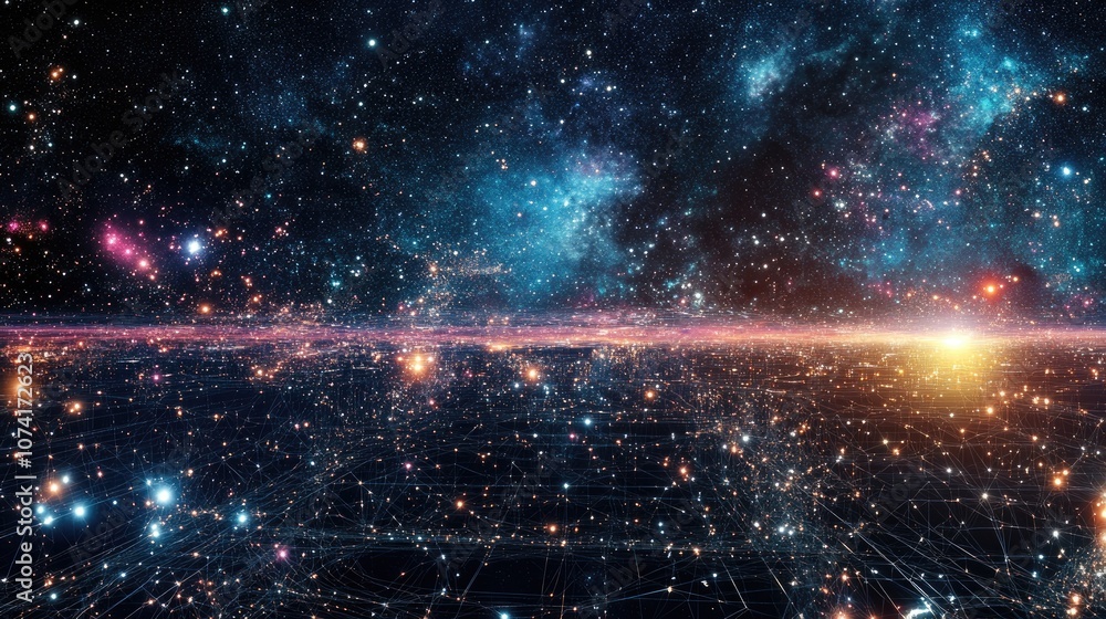 Poster Abstract landscape featuring a starry outer space texture with a 3D cartoon rendering of a cyberspace grid and hi tech network on a dark background