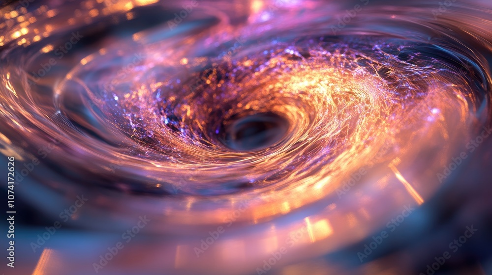 Poster 3D cartoon depiction of a translucent vortex featuring fractal elements lights and textures designed to enhance projects focused on science technology and design