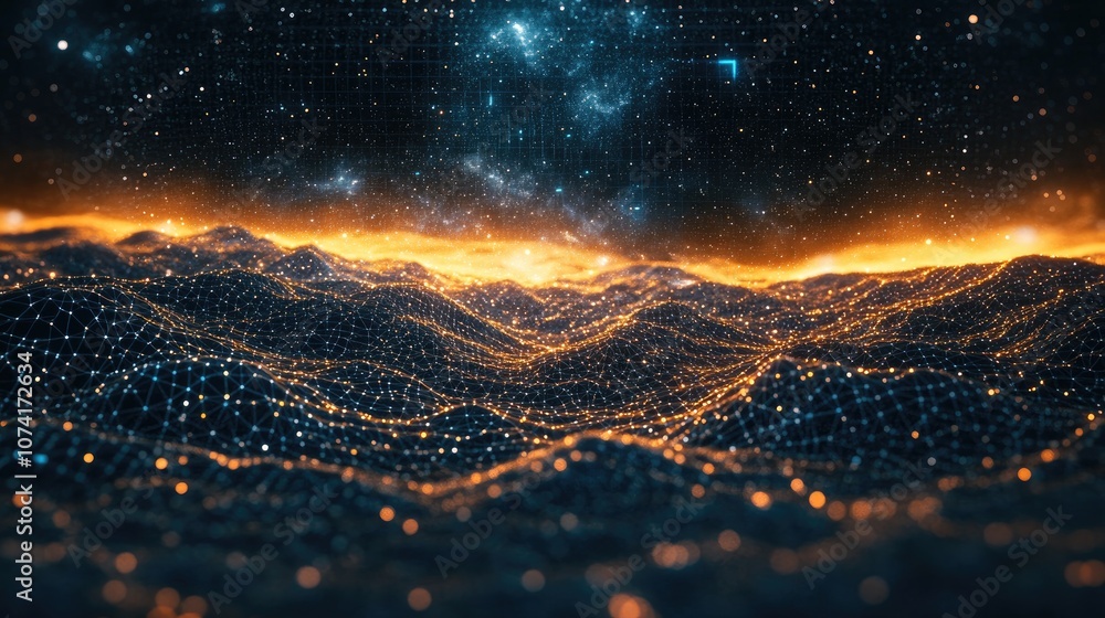 Aufkleber Abstract landscape in a 3D cartoon rendering featuring a dark background star horizon cyberspace grid hi tech network and starry outer space texture