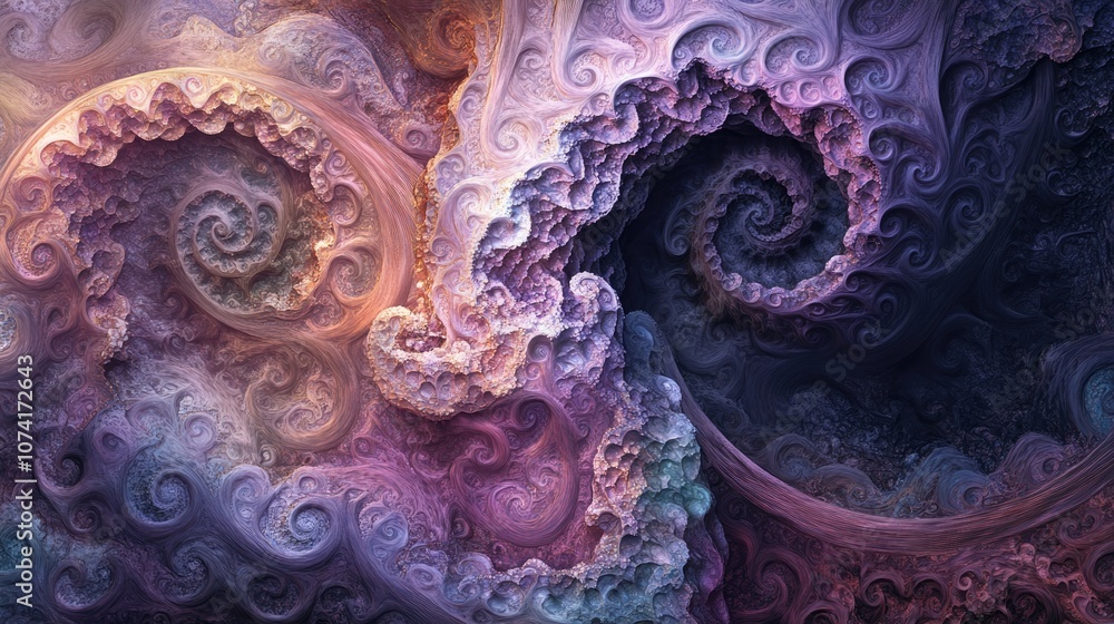 Leinwandbilder Abstract fractal patterns and shapes depicted in a 3D cartoon rendering Infinite universe with a mysterious psychedelic relaxation pattern Dynamic flowing natural forms and sacred geometry featuri