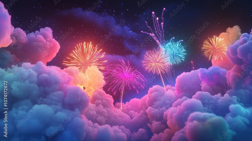 Aufkleber Colorful pyrotechnics display in a 3D cartoon rendering featuring abstract fireworks against a dark sky with clouds for festival celebrations