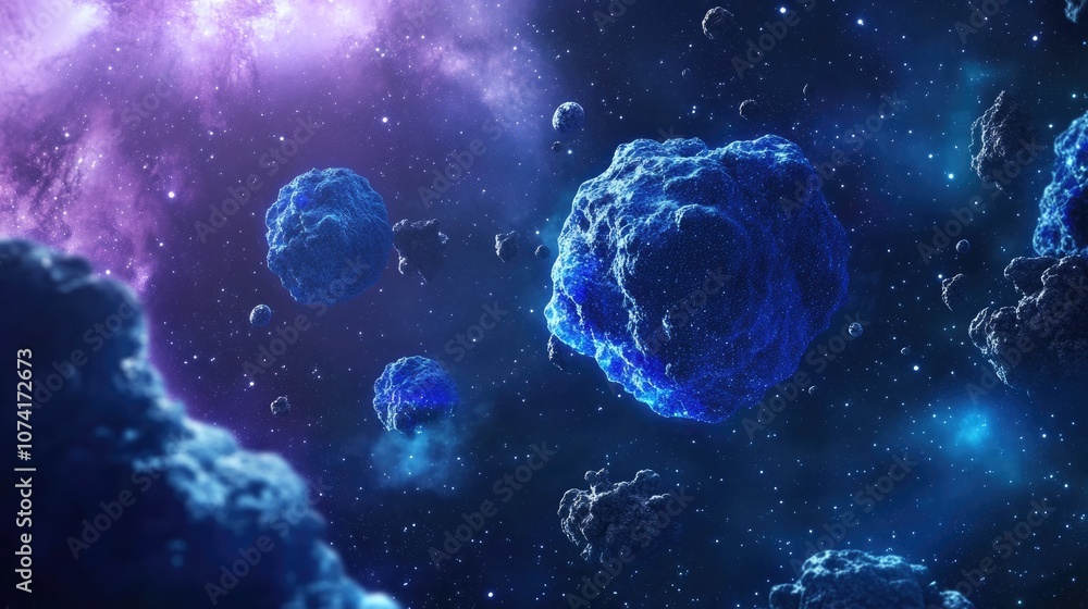 Poster blue radiation floating in space in 3d cartoon rendering