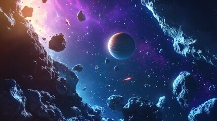 2D illustration in a cartoon draw style featuring a 3D rendering Various science fiction creative backdrops set in deep interstellar space showcasing stars planets and moons Space art illustration