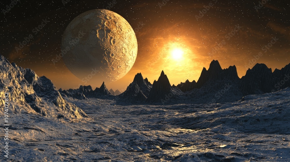 Poster Fictional sunrise on Eris planet depicted in a 3D cartoon rendering isolated against a dark background showcasing a front view from space with a complete 3D representation of Haumea