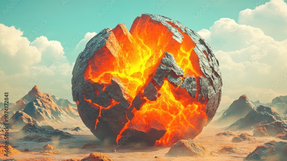Poster cartoon rendering in 3d of a cut out planet composed of lava featuring orange rock formations suitab