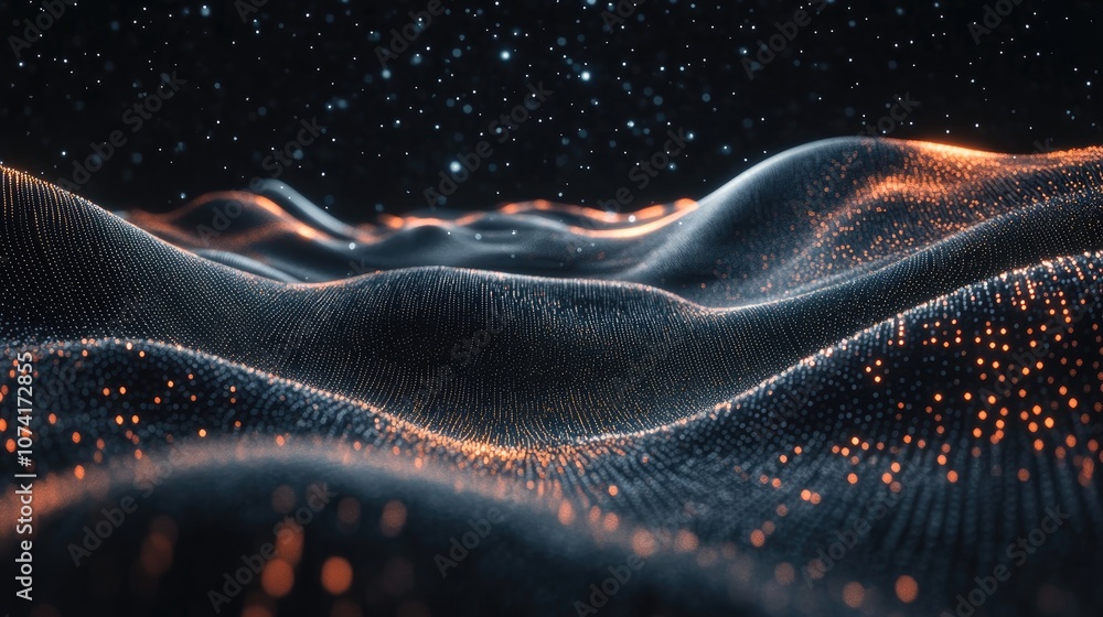Aufkleber Abstract landscape in a dark background featuring a 3D cartoon rendering of a cyberspace grid and a hi tech network with a starry outer space texture