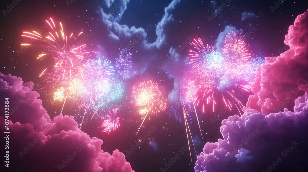 Aufkleber Colorful pyrotechnics display in a 3D cartoon rendering featuring abstract fireworks against a dark sky with clouds for festival celebrations