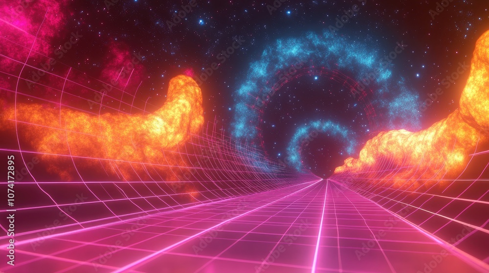 Poster Rendering of a 3D cartoon depicting a Space Pathway series featuring a backdrop of grids nebulas and vibrant colors related to astronomy physics cosmology and space communications