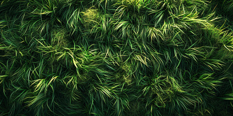 A close-up view of lush green grass with sunlight illuminating some blades,
