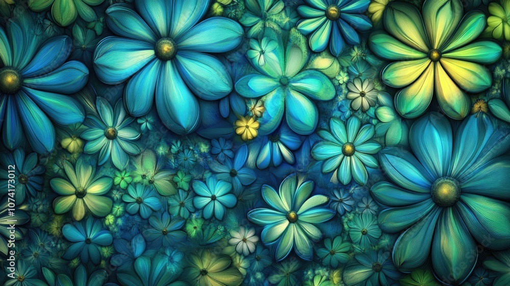Poster floral pattern textured blue and green fractal artwork designs in 3d cartoon rendering for versatile