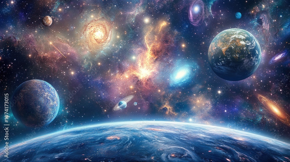 Poster planets stars and galaxies in outer space beautifully depicted in a 3d cartoon rendering highlightin