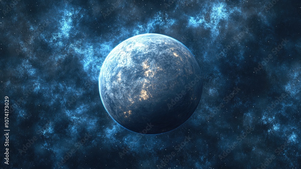 Aufkleber exoplanet with atmosphere and blue nebula in 3d cartoon rendering