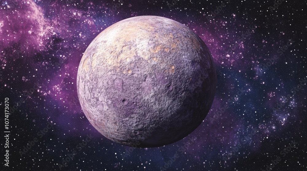Poster Violet planet with a solid surface and craters in space featuring a beautiful cosmic background and a view from space in a 3D cartoon rendering