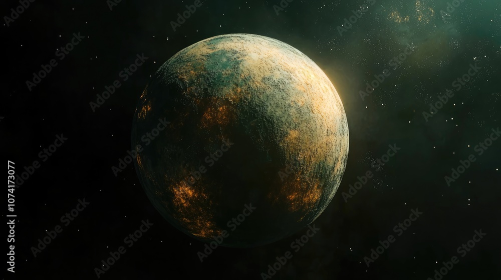 Poster Spherical abstraction of a planet in dark space in 3D cartoon rendering