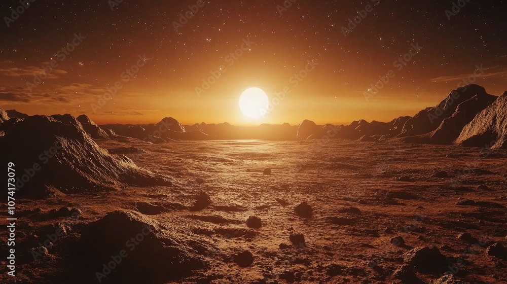 Poster 3d rendering of a space scene featuring a red planet during sunset