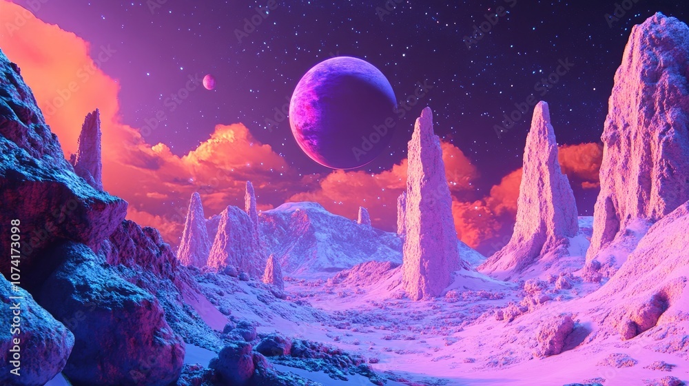 Poster alien planet landscape in a 3d cartoon rendering featuring a science fiction illustration with a stu