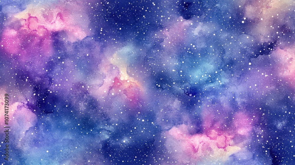 Poster seamless pattern of watercolor space featuring galaxy clipart and a purple space background in a 3d 