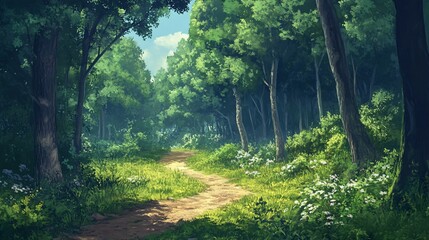 A winding dirt path leads through a lush green forest with sunlight filtering through the trees.
